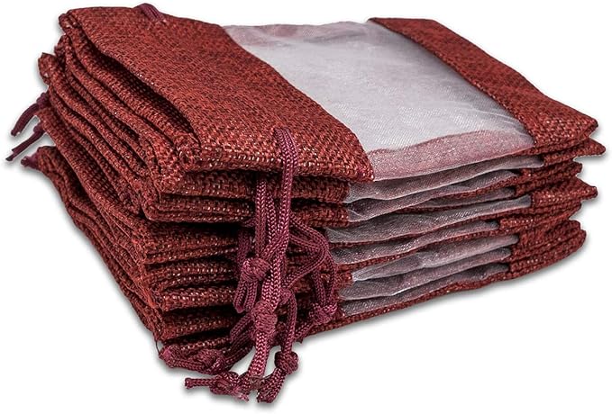 12-Pack Small Linen Burlap & Organza Gift Bags w. Drawstrings (3.5x5.5 in, Maroon) - Party Favors, Presents, Samples & Treats Mesh Pouch by The Display Guys