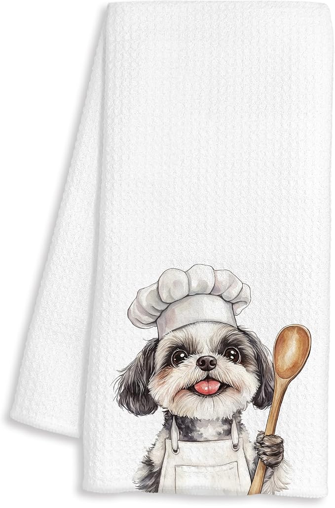 Funny Shih Tzu Chef Kitchen Towels, Shih Tzu Gifts, Chef Gifts for Women Men, Funny Dog Decorative Dish Hand Tea Towels for Kitchen Bakery, 16x24 Inch