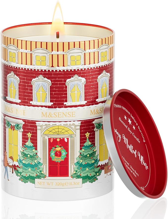 M&SENSE Spicy Mulled Wine Christmas Candles, Warm Apple Cider Holiday Scented Candle for Festival Ambiance, Winter Christmas Gifts for Women Men, Soy Wax 11.3oz 70 Hour Long Lasting Clean Burn