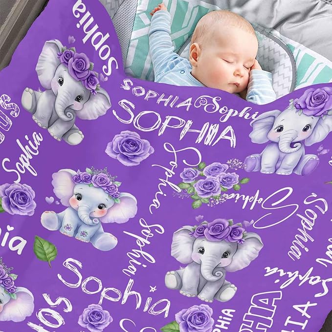 D-Story Ship Next Day, Personalized Baby Blanket, Custom Baby Blanket with Name for Girls and Boys, Elephant Blankets, Personalized Baby Gifts