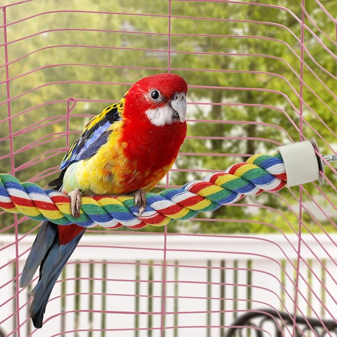 Mygeromon Bird Rope Perches Cage Climbing Accessories (41inch Metal nut) | for Parakeet, Parrot, Cockatiels, Budgie, Colorful