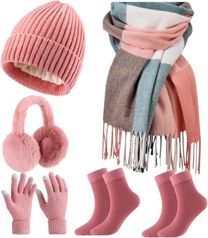 Geyoga 6 Pcs Winter Hat Scarf Gloves Set Knitted Touchscreen Gloves Plaid Scarf Earmuffs Socks Gift for Women Men