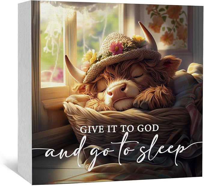 Nursery Highland Cow Wooden Box Sign - Cute Give It to God and Go to Sleep Signs for Home Decor, Funny Farm Animal Office Kitchen Bedroom Decor,Highland Cow Gifts for Women, 5x5