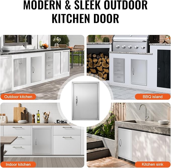 VEVOR BBQ Access Door, 17W x 24H Inch Single Outdoor Kitchen, Stainless Steel Flush Mount, Wall Vertical with Handle, for BBQ Island, Grilling Station, Outside Cabinet