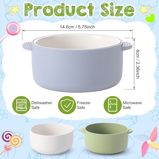 Domensi 2 Sets Kids Porcelain Bowls with Removable Silicone Sleeve 2-in-1 Porcelain Toddler Bowls Microwave Dishwasher Safe Cereal Snack Soup Dishes for Baby Children Feeding Supplies (Green Blue)