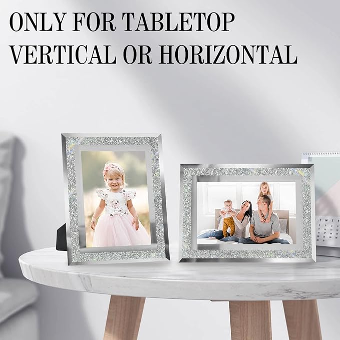 4x6 Picture Frames Silver - Set of 2, Sparkle Real Glass 4 by 6 Photo Frame Mirrored Edge Great Gift, for Tabletop Display, Wedding Birthday Christmas Day Gifts (4 x 6, Glitter Silver)