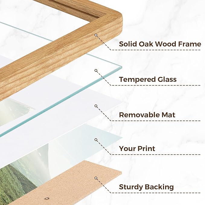 16x16 Picture Frame, Square 16 by 16 Frames for Wall - Solid Oak Wood & Tempered Glass, 16 x 16 Wood Frame Matted to 12 x 12, Square Picture Frame 16"x16" for Home Decor, Natural Oak Color, 1 Pack
