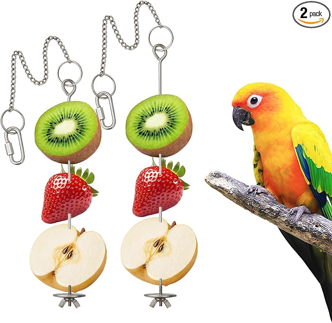 2 Pcs Chain Clauses Bird Cage Food Holder Stainless Steel Parrot Fruit & Vegetable Skewer Hanging Foraging Toy for Parakeets, Budgies, Macaws