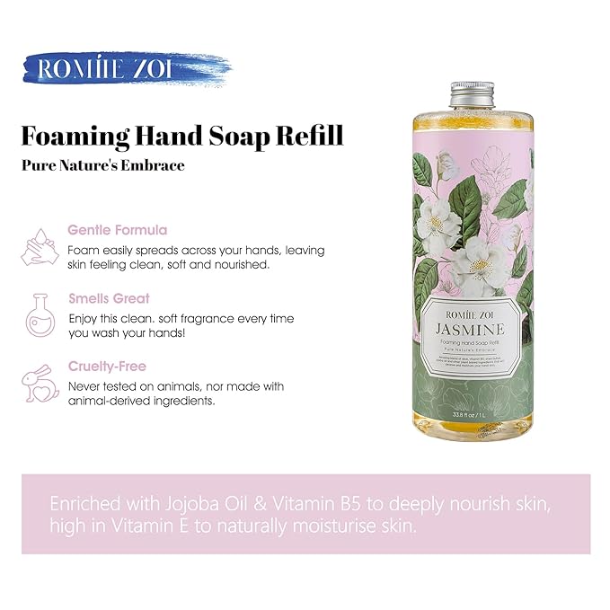 ROMIIE ZOI Foaming Hand Soap Refill, Jasmine, Gentle & Moisturizing Formula, 1 L/ 33.8 FLOZ