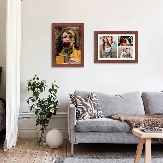 11x16 Picture Frame Display 3 opening Picture Frame 5x7 and 8x10 Collage,Multi Photo Frame with Mat,Plexiglass,Horizontal and Vertical Formats for Wall Decor,Walnut Wood Grain
