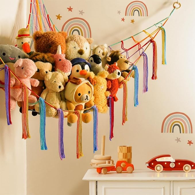 mirolam Stuffed Animal Hammock Corner Storage Net Cute Preppy Trendy Stuff Gifts for Teen Girls Baby Room Wall Nursery Decor Rainbow Color Colorful Unicorn Hanging Organizers XL Large
