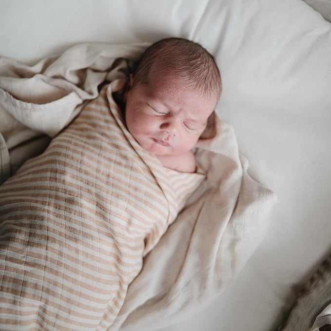 mushie Muslin Baby Swaddle Blanket | 100% Organic Cotton (Natural Stripe)