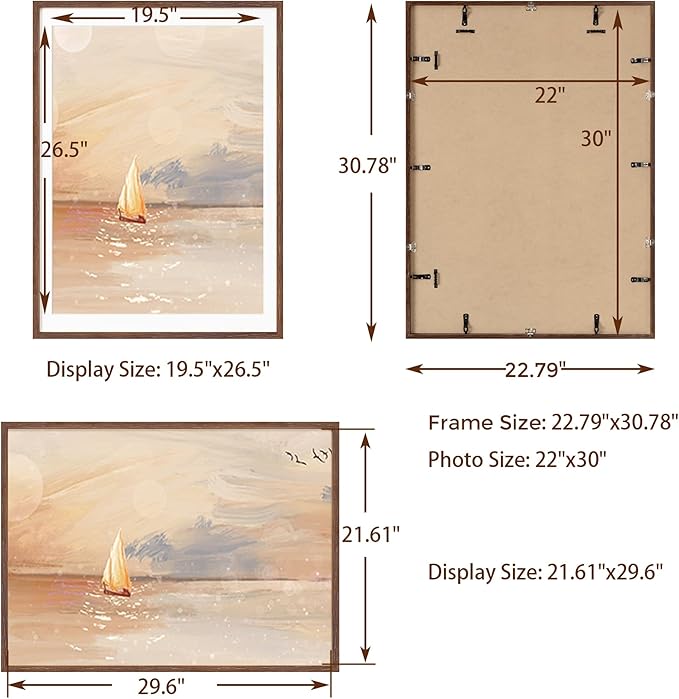 Fun Memories 22x30 Oak Wood Picture Frame, 22"x30" Poster Frame for Wall, 22x30 Picture Frame with Mat for 20x27, Solid Oak Wood Photo Frame 22 x 30 with Tempered Real Glass (Walnut Color, 1 Pack)