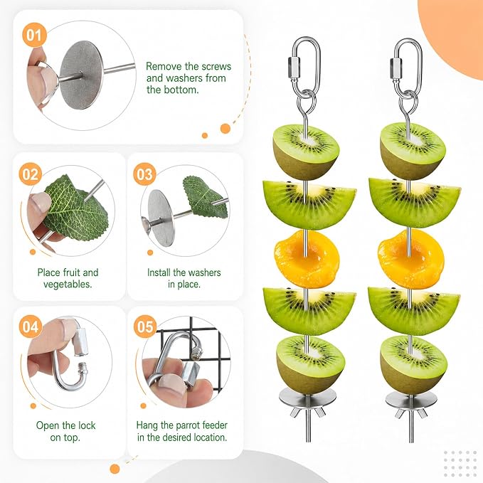 2 PCS Bird Cage Holder Bird Foraging Toys Fruit Birds Feeder | Stainless Steel Hanging Vegetable Fruit Feeder Parrot Fruit Vegetable Skewer for Parakeet Budgie Macaw