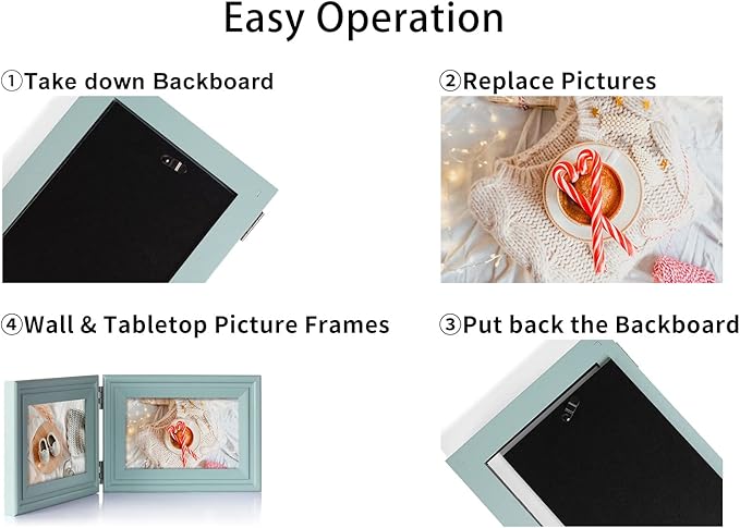 5X7 Double Wooden Hinged Picture Frame Vertical and Horizontal in Teal Blue, Display 4x6 with Mat or 5x7 without Mat, Folding Photo Frame with Real Glass Front for Tabletop X2-LAN-SH57