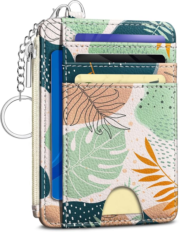Kelvoris Credit Card Holder Small Wallet Women, Slim RFID, Abstract Leaves | Keychain, Zipper Coin Pocket, Front Pocket Thin Travel Card Case, Minimalist, 6 Card Slots, 1 ID Window, Ladies Gifts Woman