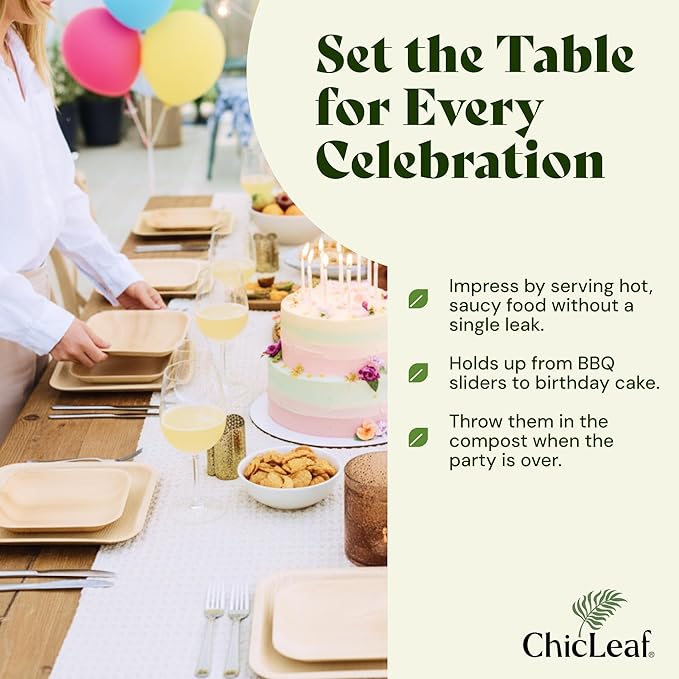 Chic Leaf Palm Leaf Disposable Bamboo Plates - Square Party Plates for Weddings, Parties, Event Appetizers - Biodegradable & Compostable - Party Supplies (8", 20 Pack)