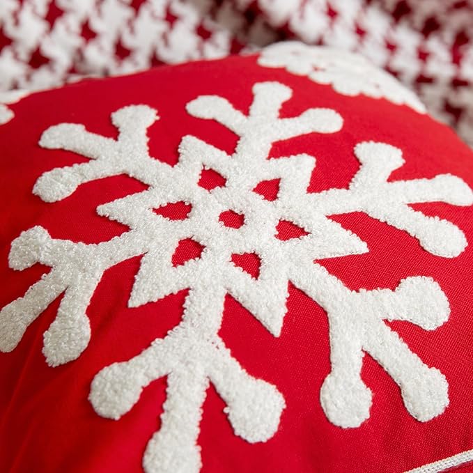 Elife Soft Square Christmas Snowflake Home Decorative Canvas Cotton Embroidery Throw Pillow Covers 18x18 Cushion Covers Pillowcases for Sofa Bed Chair (1 Pair, Red)