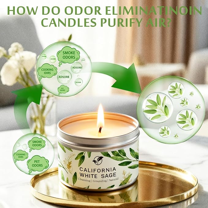 Sage Candles for Cleansing, White Sage Candle 6 Oz- 35 Hour Burn Time, Soy Wax Aromatherapy Candles for Cleansing House Negative Energy Smudge Kit, Scented Candle Gifts for Women