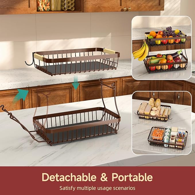 2 Tier Large Fruit Basket for Kitchen Counter with 2 Mobile Banana Hangers, 2026 Pro Detachable Metal Fruit Bowl with Wooden Handle (Brown, 2 Tier Extra Large)