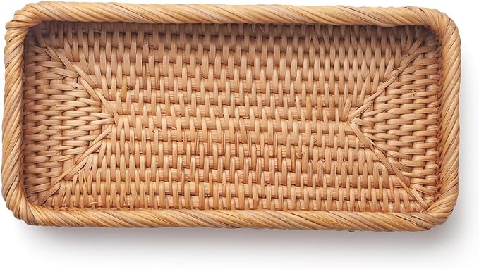 Rattan Bathroom Vanity Tray, Toilet Tank Tray, Toilet Basket Tank Topper, Bathroom Basket for Organizing and Decor (Natural, 10.2" x 4.9" x 1.6")