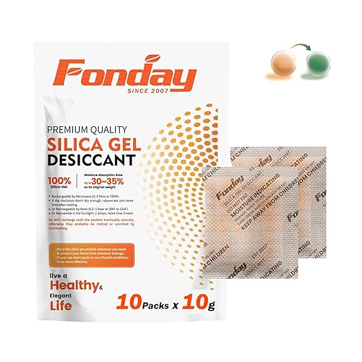 10g x 10 packs Fonday Rechargeable Silica Gel Desiccant Packets Food Grade Fast Reactivate Desiccant Bags Moisture Indicating Orange to Green