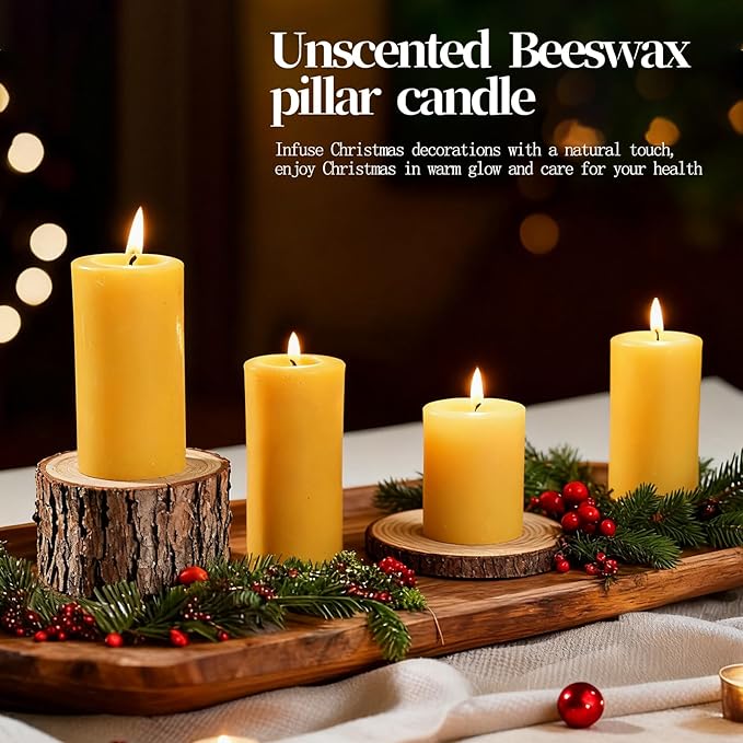 Beeswax Pillar Candles Set of 2,70 Hours Long Burning,100% Natural Beeswax Candles for Emergency,Pure Bees Wax for Home, Beeswax Candles Bulk for Relax, Smokeless & Dripless