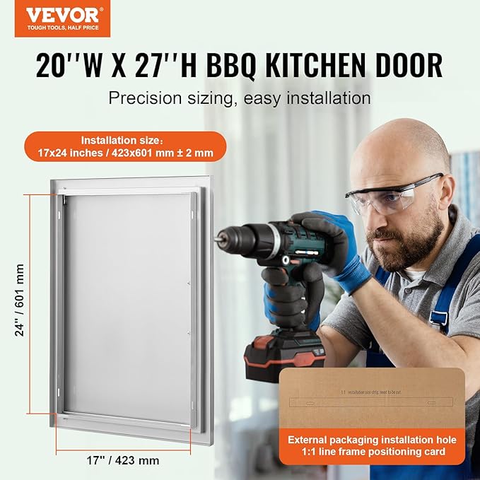 VEVOR BBQ Access Door, 27H x 20W Inch Stainless Steel Flush Mount Vertical Door with Handle for BBQ Island, Grilling Station