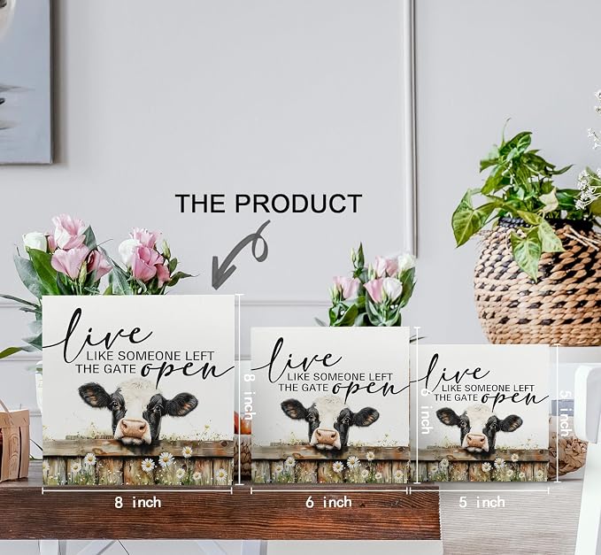 Cow Signs - Farm Cottagecore Animal Office Kitchen Bedroom Decor,Rustic Farmhouse Live like Someone Left the Gate Open Home Decor Wooden Signs,Cow Gifts for Women,8x8