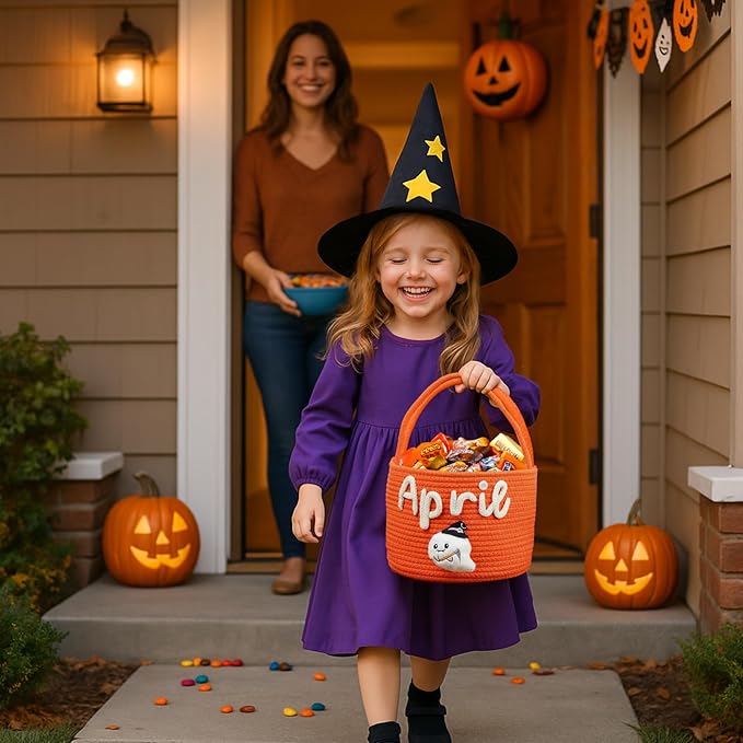 Personalized Halloween Baskets Gift for Kids, Custom Woven Candy Bucket with Name, Halloween Trick or Treat Basket