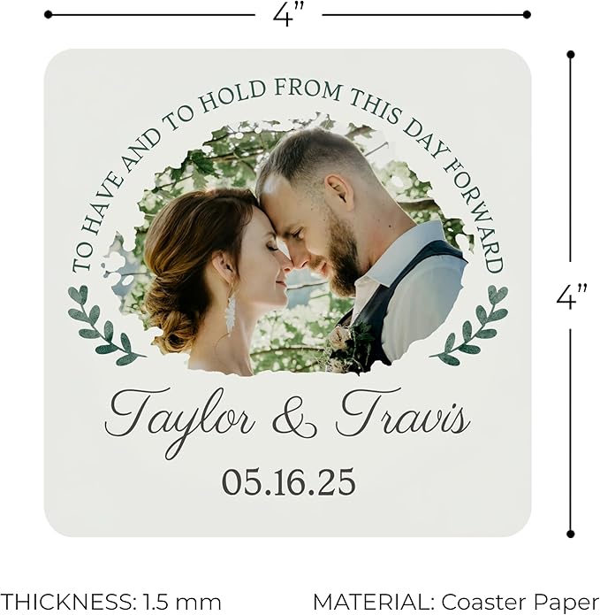 100 Pack Personalized Wedding Coasters, Custom Cardboard Coasters for Drinks with Photo Print and Text, Keepsake Wedding Favors and Gifts for Couples, 4x4 Square, Design 4