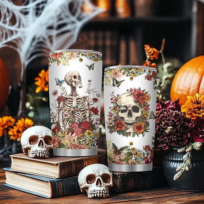 Skull Tumbler, Horror Gifts for Skull Lover Men Women, 20 Oz Horror Wicked Spooky Flower Travel Coffee Tumbler Cup with Straw & Brush, Christmas Birthday Thanksgiving Gifts, 1 PCS
