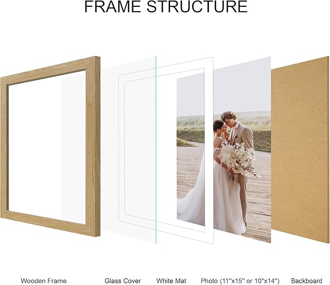 11x15 Picture Frame Set of 4, Made of Real Glass and Natural Oak Frame - Display Picture 10x14 with Mat or 11x15 Without Mat, 11 by 15 Photo for Wall Mounting