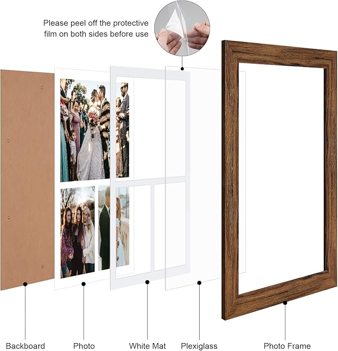 11x16 Picture Frame Display 3 opening Picture Frame 5x7 and 8x10 Collage,Multi Photo Frame with Mat,Plexiglass,Horizontal and Vertical Formats for Wall Decor,Carbonized Brown Wood Grain