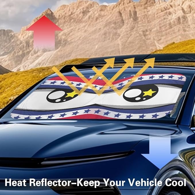 Cute Big Eyes Car Front Windshield American Flag Sun Shade Block UV Rays Sun Shade for UV Protection Foldable Front Window Cover Sun Visor Protector Accessories for Cars Truck SUV