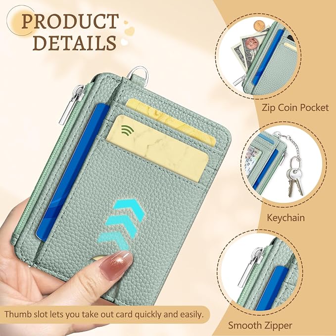 Kelvoris Credit Card Holder Small Wallet Women, Slim RFID, Green | Keychain, Zipper Coin Pocket, Front Pocket Thin Travel Card Case, Minimalist, 6 Card Slots, 1 ID Window, Ladies Gifts Woman