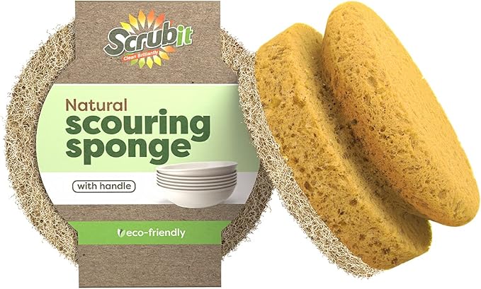 SCRUBIT Natural Scouring Pads, Eco Friendly Scrubbing Sponges for Kitchen Cleaning and Dishes, Non-Scratch Dish Scrubber with Easy-Grip Sponge Handle - Biodegradable - 2 Pack