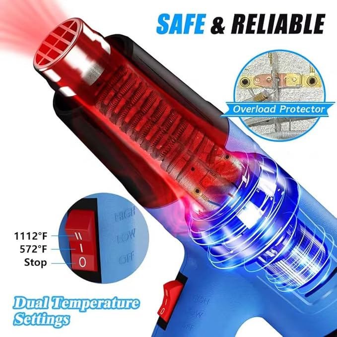 Heat Gun Kit 572 & 1112℉ Variable Temperature Control 4 Nozzles Heavy Duty Fast Heating Hot Air Gun Overload Protection, For Crafting, Shrink Tubing, Vinyl Wrap, Shrink Wrap,5Ft Power Cord