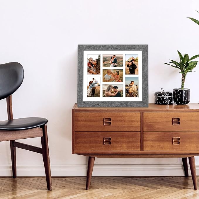 13.5X15.5 Picture Frames Collage with 7 Openings 4X6 Pictures, Multi Photo Frame with Mat for Wall Hanging Decor, Grey Wood Grain