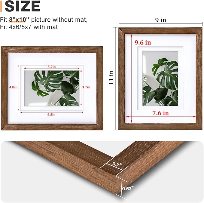 Egofine 8x10 Picture Frames Set of 4, Made of Solid Wood Covered by Plexiglass 4x6 and 5x7 with Mat or 8x10 without Mat, for Table Top Display and Wall Mounting Photo Frame,Walnut Brown