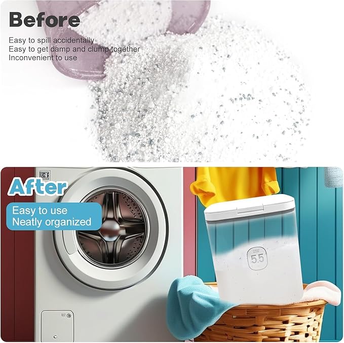 2 Pack 5.5L Laundry Detergent Dispenser with One-Press Lid, Laundry Powder Container for Laundry Room Organization and Storage Pod and Airtight Dishwasher Pod Holder for Bead Powder