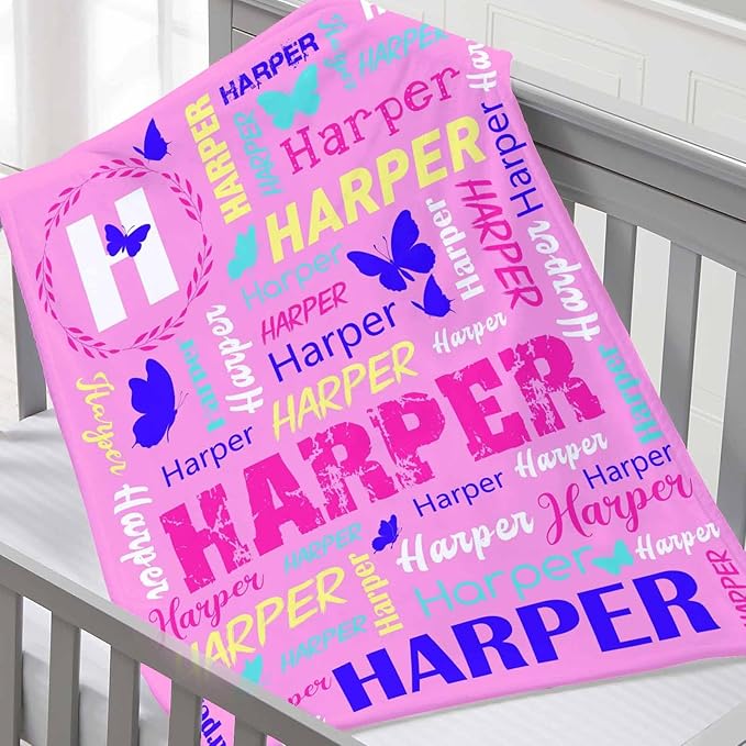 Ship Next Day, Personalized Baby Blanket for Boys Girls, Custom Butterflies Blanket with Name Super Soft Plush Flannel, Easter Christmas Brithday Gifts for Baby Shower Kids Toddlers Newborn