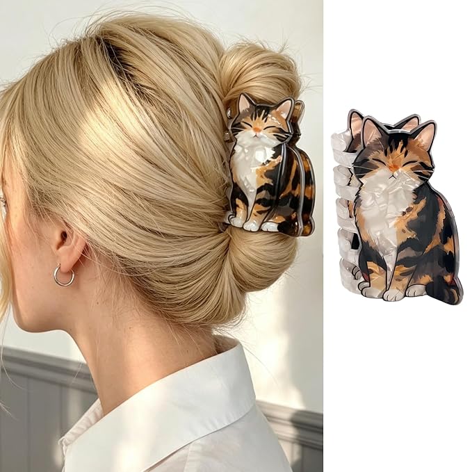 Tricolor Tabby Cat Hair Claw Clips Kitten Hair Clips Animal Hair Jaw Clips | Cute Closed Eyes Sitting Kitten Hair Barrettes Acrylic Tortoiseshell Cat Clamp Orange Brown White Pet Cat Hair Accessories