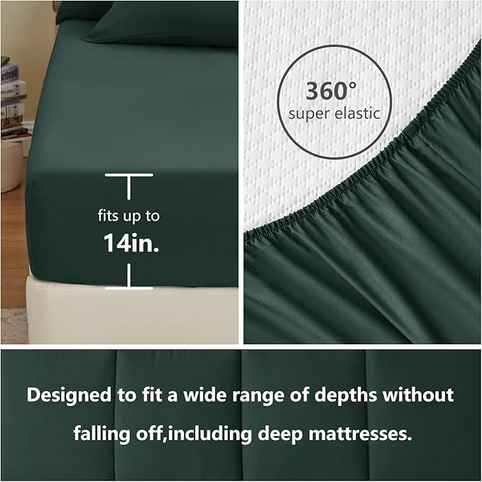 CozyLux King Size Comforter Set Forest Green, 7 Pieces Bed in a Bag, Green Comforter King Size, All Season Bedding Sets with Stitch Quilted Comforter, Flat Sheet, Fitted Sheet, Pillowcases