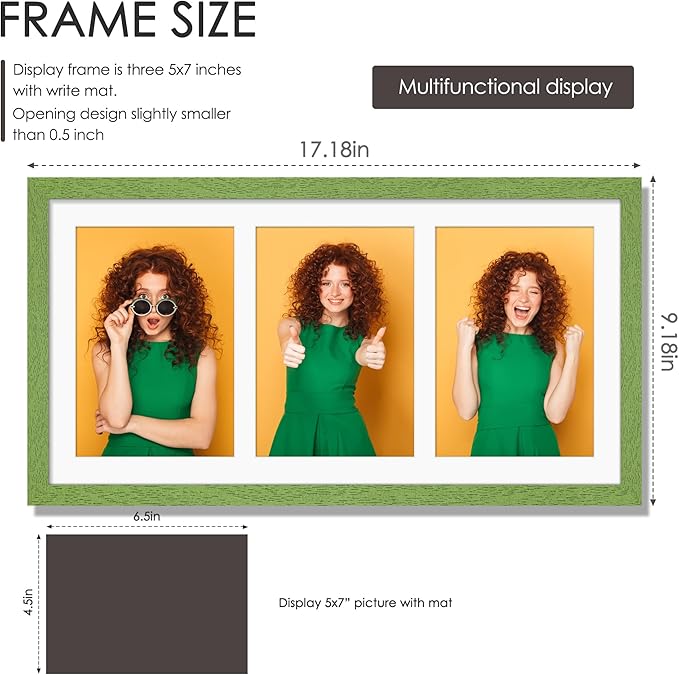 8x16 Collage Picture Frame 5x7 Collage Picture Frame Displays Three 5x7 inch Photos or 8x16 (Without Mat) for Available Horizontal Wall Mounting Display and Vertical Green
