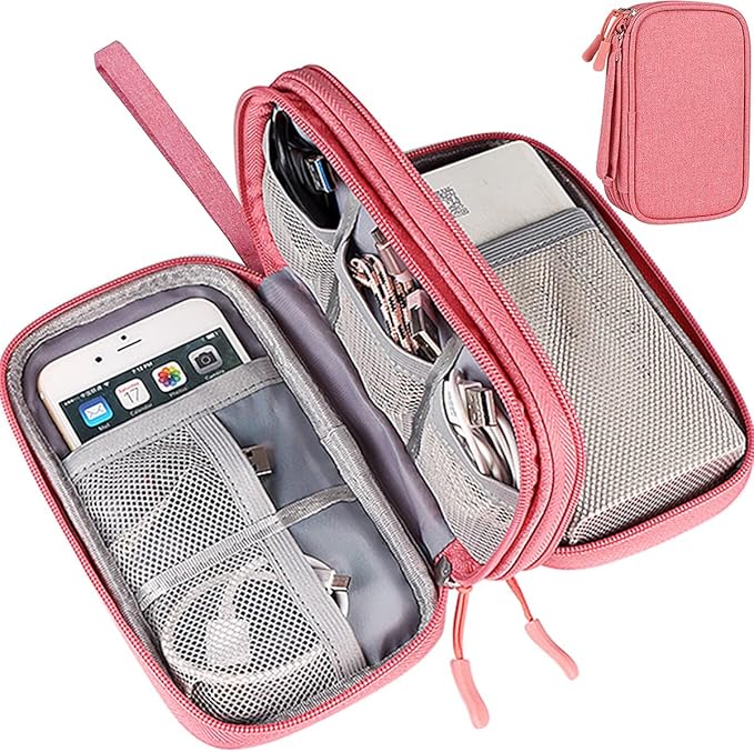 Electronics Accessories Case, Universal Electronics Accessories Organizer Pouch Bag, Waterproof Portable Cable Organizer Bag, Travel Gear Carry Bag for Cord, Charger, Flash Drive, Phone,SD Card,Pink