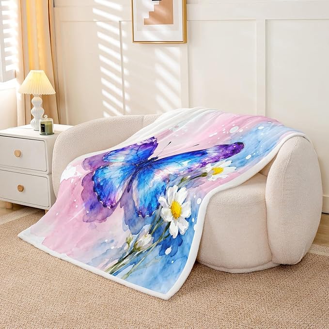 Feelyou Girls Watercolor Butterfly Fleece Throw Blanket Twin 60"x80" Kids Pink Purple Sherpa Blanket Plush Fuzzy for Bed Couch Chair Living Room, Cute Daisy Bed Blanket Room Decor