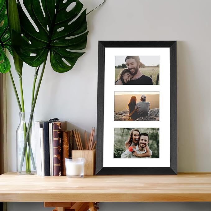 8x14 Collage frame with 3 Openings 4X6 Pictures, Multiple Picture Frame with Mat, Wall or Tabletop Decor, Black Wood Grain,2 Pack