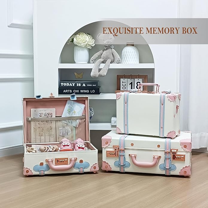 Unitravel Baby Keepsake Case, Handmade Memory Storage Box, Newborn Keepsake Box, Vintage Suitcase for Baby Shower, Baptism, Naming Ceremony or Birthday