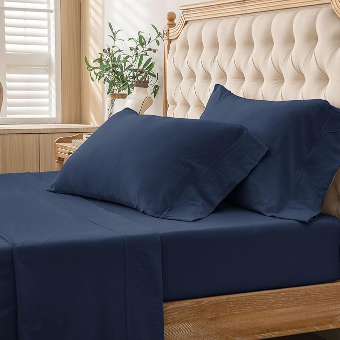 PURE ERA Jersey Knit 4pc Bed Sheet Set 100% T-Shirt Cotton Super Soft Comfy Breathable Fits Mattress Up to 20" Extra Deep Pocket (Solid Navy Blue, King)